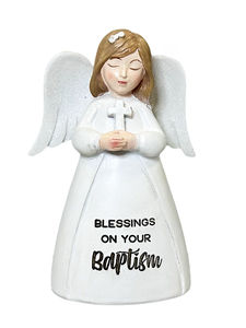 Blessings On Your Baptism - Angel figurine - white holding a cross