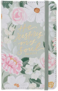 Gift Books: He Restores My Soul Green Floral Faux Leather Hardcover Notebook with Elastic Closure - Psalm 23:3