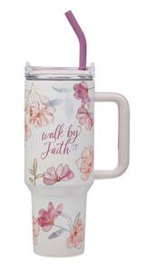 Walk by Faith Pink Cosmos 40 oz Stainless Steel Tumbler with Straw - 2 Corinthians 5:7