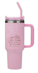 Gifts: Things Are Possible Pink Poppy Stainless Steel Tumbler with Straw - Matthew 19:26
