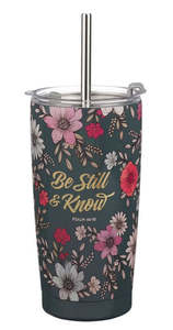 Gifts: Be Still Teal Botanical Stainless Steel Tumbler With Reusable Straw - Psalm 46:10