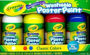 Crayola Washable Poster Paint-A-Pack (White/Yellow/Red/Blue) Classic Colours + Brush
