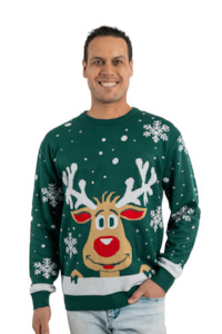 Mens Christmas Jumpers: Men's Green Rudolph Christmas Jumper