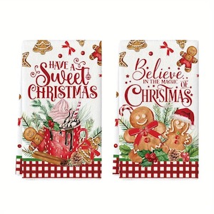 Gingerbread Towel - Believe in the Magic of Christmas - Gingham boarder