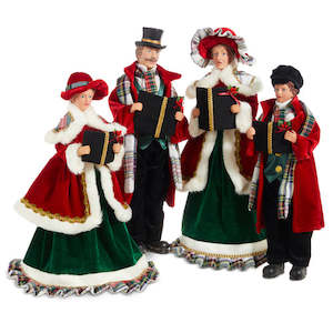 Raz Collection: Red and Green Velvet Carollers - Set of 4