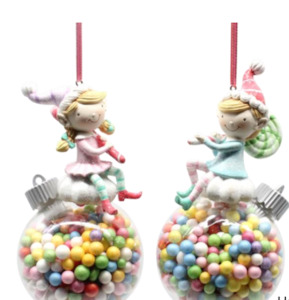 Candy Elves ( Boy and Girl) Hanging on a Candy Filled Bauble