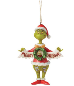 All Things Grinch: Jim Shore - The Grinch - Grinch holding his Merry Christmas Banner - Hanging Ornament