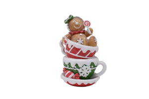Two Stacked Red and Green Teacups with Gingerbread