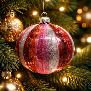Gingerbread Peppermint And Candy Range: Red, Pink and White Glittered Bauble