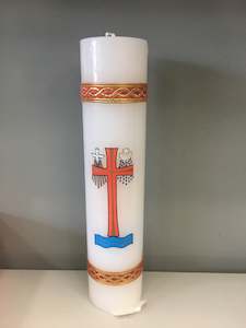 Candles: Baptism Candle White Slimline W Transfer - Red/Gold ribbon