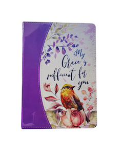 Journals: Journal Luxleather Purple Flowers Bird - My Grace is Sufficient