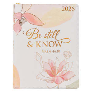 2026- Be Still Large Zippered Pink Faux Leather 18-month Planner
