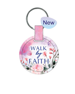 Keyrings: Key Ring Leather Round Pink Floral - Walk by Faith