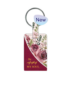 Keyrings: Key Ring Leather Rectangle Burgundy Floral - He Refreshes my Soul
