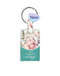 Key Ring Leather Rectangle Green Floral - I am With you Always