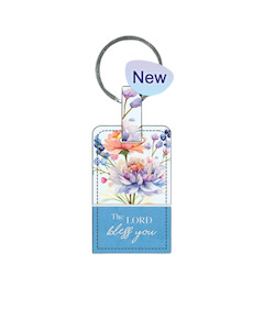 Keyrings: Key Ring Leather Rectangle Blue Floral - The Lord Bless You