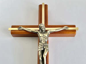 Cross Wooden (Gold inlay) 26cm with Metal Corpus (Hanging)