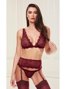 Skirt Sets: Baci 3pc Lace Bra Garter Skirt & G-String Set Wine S/M