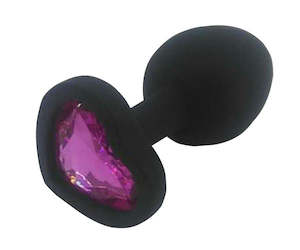 Sale: Heart Shaped Black Silicone Butt Plug with Gem Small - Pink