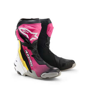 Motorcycle Road Boots: Alpinestars Supertech R Motorcycle Boots – Black/Magenta/White/Yellow Fluoro