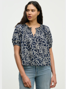 Tops: Velvet Printed Navy Voile Top