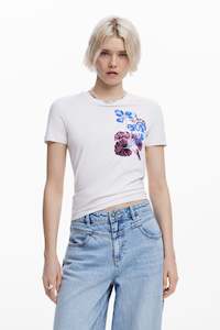 Desigual White T-Shirt with Blue Flowers