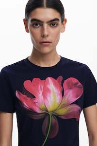 Desigual Navy T-Shirt with Pink Flower