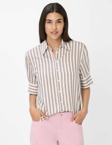 Brax Villy Striped Shirt - Taupe/White