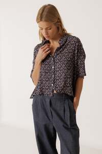 Tops: Indi & Cold Oversize Block-Print Shirt - Navy