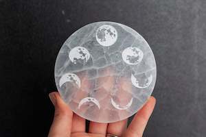 Polished Crystals: Moon Phase Etched Satin Spar (Selenite) Charging Disc