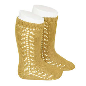 Openwork Side Knee High Socks: Long Side Detail Socks Mustard