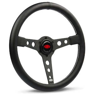 Steering Wheel Leatherette 14" Retro Black Spoke White Stitching - SaaS