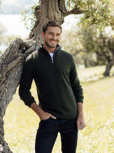 Possum And Merino Knitwear: Untouched World Estuary Half Zip in Thyme/Shadow