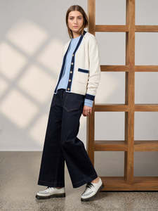 Sweaters And Hoodies: College Cardi in Winter White/Blue