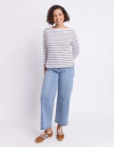 The Eliza Boat Neck Tee in White/Coffee Stripe