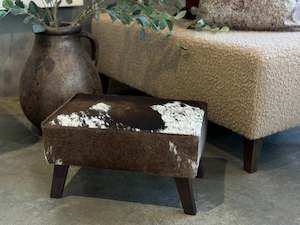Cowhide Footstools: Dark Walnut Brown + White Dappled Angled Leg Footstool F