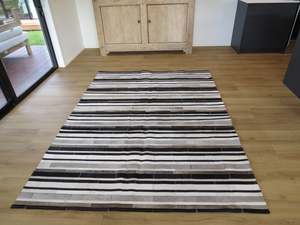 Patchwork Cowhide Rugs: LARGE SIZE Stripe Patchwork Rectangle Rug - Black Grey Taupe Stripe THREE IN STOCK