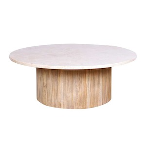 Coffee Tables: Round Pedestal Coffee Table 100cm – Cream Marble & Light Wash
