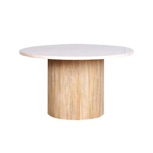Coffee Tables: Round Pedestal Coffee Table 80cm – Cream Marble & Light Wash