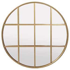 Round Gold Rimmed Lattice Paned Wall Mirror