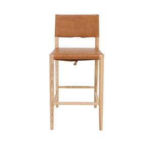 Furniture: Solid Oak & Leather Tie Detail Barstool - Natural & Tan