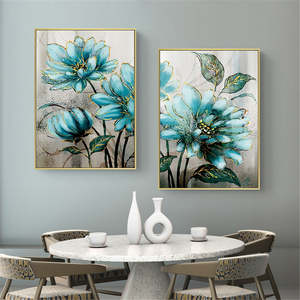 Furniture Living Dining: Blue Flowers Golden Lace Noble Decorative Poster Modern Nordic Canvas Painting Print Decor Wall Art Pictures For Living Room