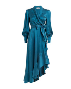 Who Is Elijah Outfit Inspo: Silk Wrap Midi Dress (Teal)