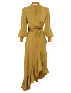 Silk Wrap Midi Dress (Olive)
