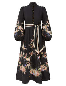 Valiant Button Midi Dress (Black Bouquet)