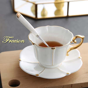 Coffee Cups & Mugs: Gold Pearl Bone China Coffee Cup Saucer Spoon Set 200ml Gorgeous Advanced Porcelain Tea Cup Cafe