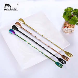 Scoops Spoons: FHEAL 1pc Long Handle Coffee Scoops Stainless Steel With Fork Spiral Handle Cocktail Stirring