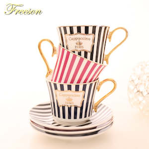 Cup Saucer Sets: Concise Stripe Bone China Coffee Cup Saucer Gold Spoon Set Elegant Ceramic Tea Cup 225ml Porcelain
