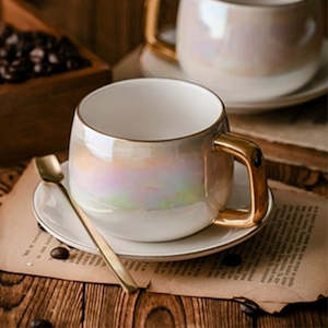 Cup Saucer Sets: LEKOCH Aurora pearl glaze Ceramic Afternoon Black Tea Cups And Saucers With Spoon Coffee Cup