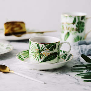 Cup Saucer Sets: Best Bone China Small Coffee Cup And Saucer Teacup Porcelain Green Plant Pattern Outline In Gold